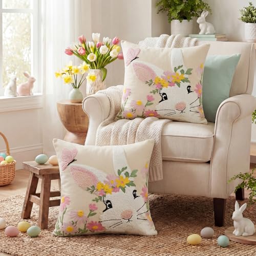 AVOIN colorlife Easter Spring Rabbit Floral Embroidered Throw Pillow Covers, 18 x 18 Inch Butterfly Bunny Tufted Patterned Linen Decoration Cushion Case for Sofa Couch Set of 2 - size: 18" x 18" (Pack of 2)