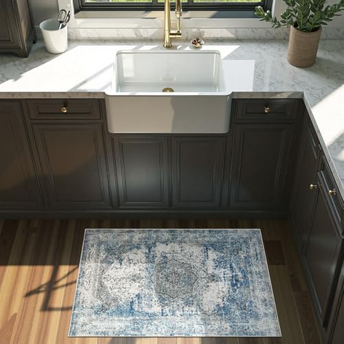 jinchan Area Rug 2x3 Washable Door Mat Vintage Distressed Rug Doormat Indoor Entrance Thin Traditional Floral Lightweight Non Slip Carpet for Kitchen Bedroom Living Room Blue - color: Vintage Blue, size: 2' x 3' (Rectangular)