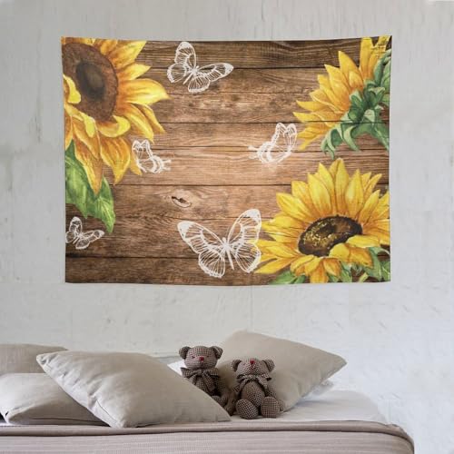 Sunflower Tapestry,Watercolor Floral Rustic Wooden Plank Retro Barn Door Butterfly Tapestry for Bedroom,Nature Landscape Tapestry Wall Hanging for Living Room Dorm Home Decor,40"x30" - color: Sunflower-3, size: W40xL30in