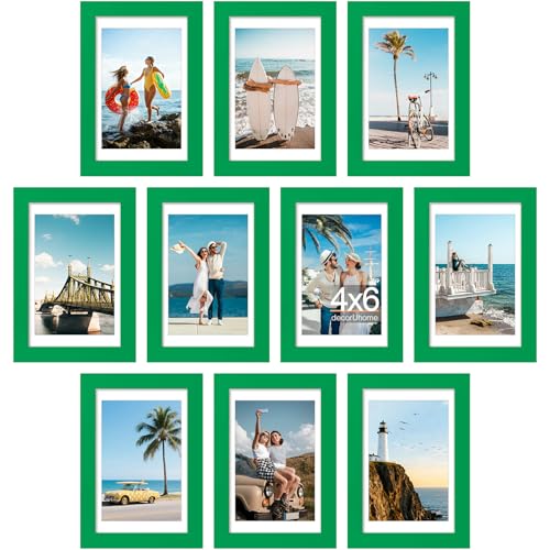 decorUhome 4x6 Picture Frame Set of 10, Display Photos 3.5x5 with Mat or 4x6 Unmatted for Picture Frames Collage Wall Decor, Green - color: Green, size: 4x6