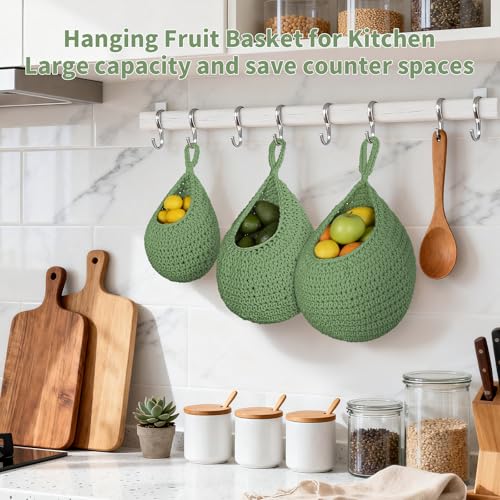 3 Pack Boho Decor Hanging Fruit Baskets with Hooks, Hand-woven Cotton Wall Baskets for Fruit Vegetable Potato Onion Storage 3 Sizes, Hanging Holder Teardrop Produce Basket for Kitchen Organizer, Green - color: Green, size: 3 Pack