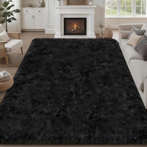 Fluffy Area Rugs 9x12 Living Room Bedroom: Ultra Soft Shag Rug Upgrade Non-Slip Non-Shedding Large Fuzzy Plush Carpet Indoor Floor Carpets for Kids Room Playroom Nursery Dorms Home Decor Black - color: Black, size: 9' x 12' (Rectangular)