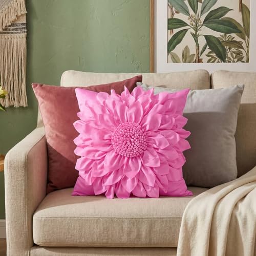 Bella's Giftshop Pink Decorative Throw Pillow Covers 18x18 Inch for Bed Sofa Couch, Handmade 3D Accent Sunflower Floral Pillowcase, Living Room Decor - color: Pink