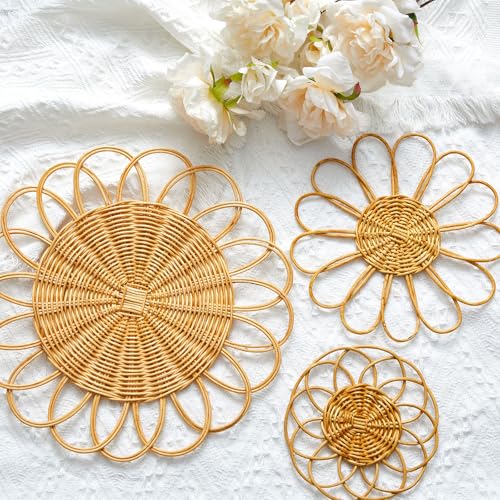 Weysat Sunflower Boho Wicker Wall Decor Baskets Set of 3, 11.81 Inch Round Macrame Wall Hanging, Rattan Rustic Art Country Style for Bathroom Living Room Garden Office Nursery Decor
