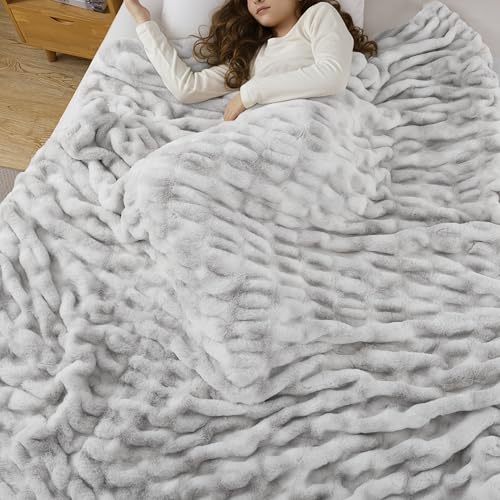 WDCOZY Ruched Faux Fur Throw Blanket Soft Cozy Fluffy Luxurious Blankets Couch Bed Sofa Chair Home Decor Warm Furry Fall Winter Plush Rabbit Fur Bubble Blanket 50" x 60", Grey - color: Grey, size: Throw (50" x 60")