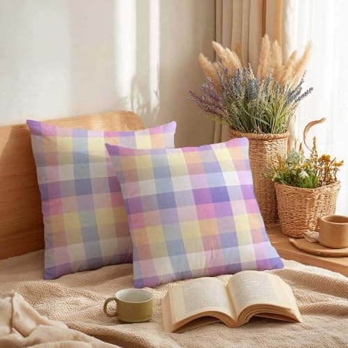 Pastel Gingham Throw Pillow Covers 18x18 Inch, Set of 2 | Soft Rainbow Plaid Square Cushion Cases for Sofa Couch Girls Room | Spring Aesthetic Home Decor, Decorative Pillowcases - color: Pastel Gingham
