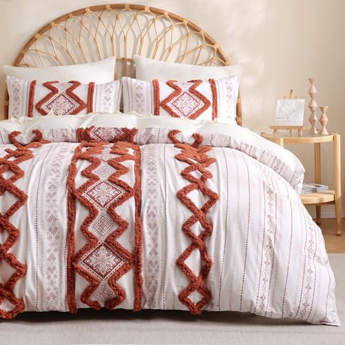 Herside 100% Cotton Boho Duvet Cover Set King Size,Shabby Chic Aztec Western Brick Red Tufted Bedding,Farmhouse Luxury 3 Piece Textured Quilt Duvet Set for All Season Home Decor - color: Brick Red, size: King(No Comforter)