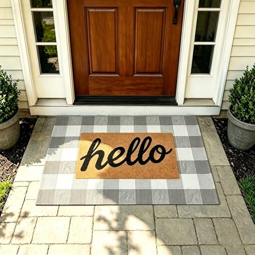 MUBIN Cotton Buffalo Plaid Rug, 27.5x43 Gray White Outdoor Rug Front Door Decorative Mat, Washable Doormat Hand-Woven Foldable Area Rug Layered Door Mats Rug for Front Porch, Entryway, Patio - color: Gray White Plaid, size: 2'3" x 3'7" (Rectangular)