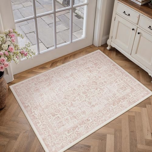 PureCozy Pink Entryway Area Rug 2x3 Door Mat Machine Washable Kitchen Vintage Distressed Non Slip Carpet Indoor Retro Floral Accent Throw Small Rug for Bathroom Office Bedroom Dining Room - color: Accent | Pink, size: 2' x 3' (Rectangular)