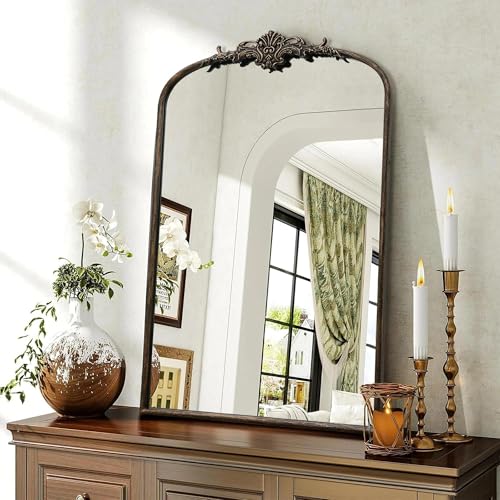 Besdomus Antique Large Arched Mirror: 24"x36" French Arch Black Vintage Wall Vanity Mirror - Decorative Baroque Traditional Ornate for Entryway/Bathroom/Bedroom - Ideal for Bathroom Renovations - color: Black, size: 36"L x 24"W