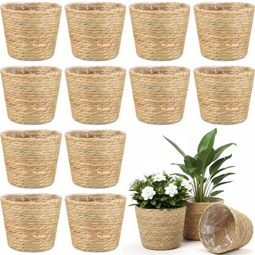 AceOrbit 12 Pcs Wicker Plant Basket Bulk with Liners Woven Planter Baskets Bulk for Indoor Outdoor Seagrass Plants Woven Wicker Baskets for Flower Pots Cover and Room Decor (Small,Rustic) - color: Rustic, size: Small