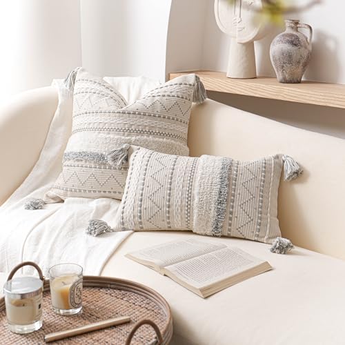 BlissBlush 18X18 Throw Pillow Cover, Cream Neutral Square Decorative Cushion Cover with Gray Pattern, Boho Accent Pillowcase with Tufted Details and Tassels for Couch Sofa Living Room (Cover Only) - color: Gray, size: 18" x 18" (Pack of 1)