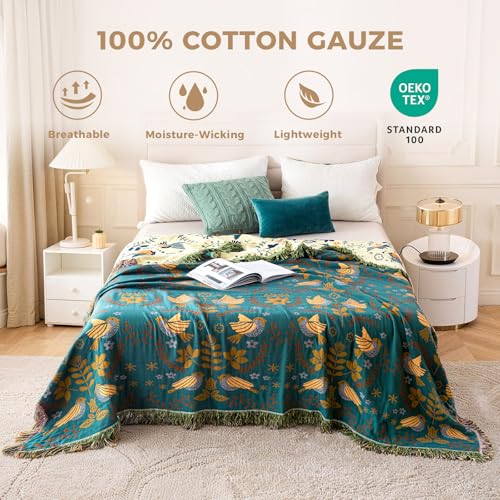 LUTBM Boho Throw Blanket for Bed 100% Cotton Soft Quilt Summer Lightweight Blanket Bird Floral Embroidery Room Decor Twin Bed Blankets,60"x80" All Season Breathable Throw for Sofa&Couch Chair - color: Animal-bird-a, size: 60"×80"