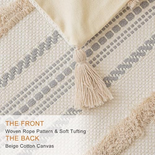 Boho Throw Pillow Covers 20x20 Set of 2 Woven Tufted Farmhouse Pillows Cover with Tassels Textured Striped Cushion Case Neutral Pillow Cases Decorative Pillowcase for Sofa, Couch, Bed, Khaki - color: Khaki, size: 20" x 20" (Pack of 2)