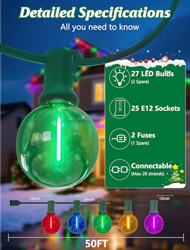 SUNSGNE G40 LED Christmas Globe String Lights, 50FT Shatterproof Round Colored Christmas Lights with 27 LED Clear Multicolor Bulbs(2 Spare) for Patio Balcony Roofline Garden Decor - color: Multicolor, size: 50FT