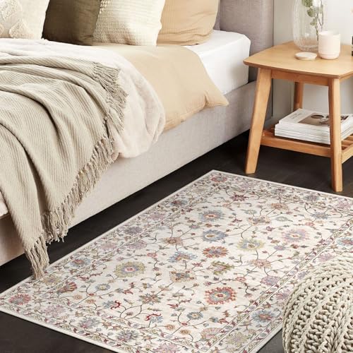 LUXRUG 2x3 Washable Entryway Rug - Small Entry Rug Non-Slip Cream Colorful Vintage Traditional Floral Kitchen Rugs Low Pile Boho Carpet Throw Rugs for Bedroom Bathroom Entrance Dorm Laundry Room - color: Cream Multi, size: 2' x 3' (Rectangular)
