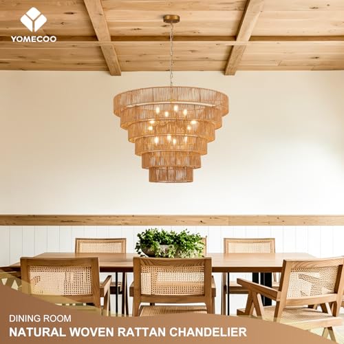 31.49" Large Rattan Gold Chandelier for Dining Room, Farmhouse 12-Lights Boho Hand-Woven Bamboo Chandelier, Drum Wicker Golden Chandeliers for Kitchen Island, Living Room, Bedroom - color: Gold 31IN
