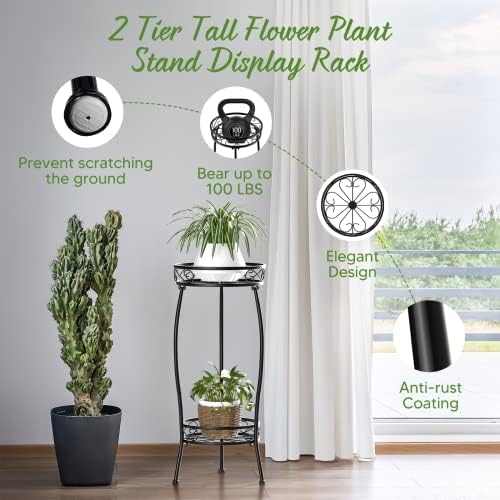 H HOMEXIN Plant Stand Indoor Outdoor, 2 Tier Metal Tall Planter Stand 26.5" Flower Stand Holder Heavy Duty Rustproof Plant Shelf Rack for Corner Garden Patio Lawn Balcony office