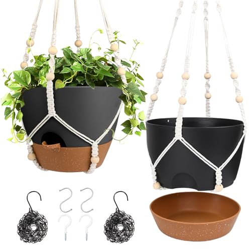 Hanging Planters for Indoor Outdoor Plants, 2 Pack Self Watering Hanging Pot with Drainage Holes, Removable Tray & 2 Kinds of Plant Hangers, 10'' Hanging Flower Pots for Home Garden Decor, Black - color: Ivory+black+black, size: 10''