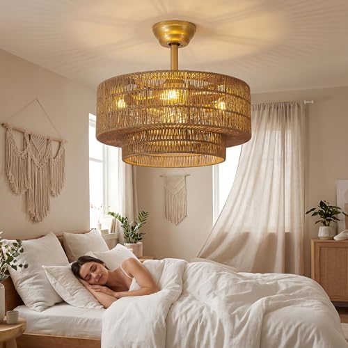 Boho Ceiling Fan with Light: 4-Lights Hand Woven Rattan Chandelier with DC Reversible,6 Speeds, 3CCT - Farmhouse Caged Ceiling Fan for Bedroom,Living Room,Kitchen,Nursery,Island