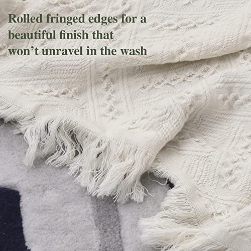 Simple&Opulence 100% Cotton Throw Blanket for Bed, Couch, Boho Luxury Geometric Knit Woven Blanket with Tassels Soft Lightweight Cozy Breathable, Vintage Farmhouse Decoration for All-Season(White) - color: White