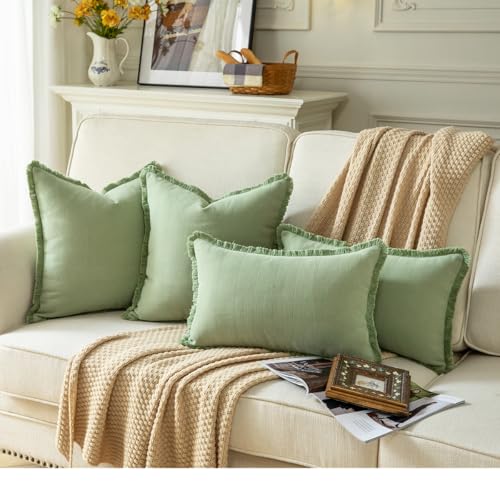 Set of 2 Decorative Fringe Throw Pillow Covers Chenille Pillow Covers Elegant Design Pillowcase Soft Tassels Cushion Cover for Couch Bed Home Decor,20×20 Inch,Sage Green - color: Sage Green, size: 20" x 20" (Pack of 2)