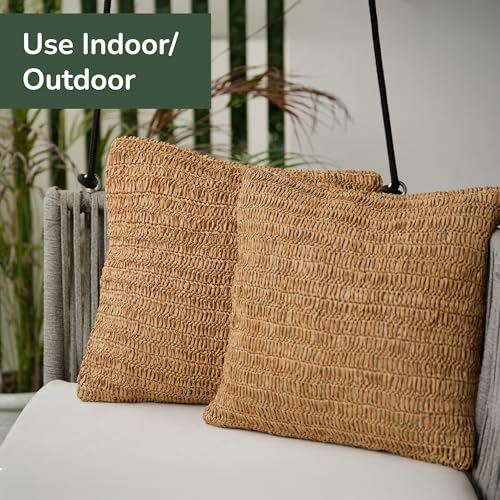 Raffia Hand Knitted Pillow Cover, 18x18 – Boho Decorative Cushion Cover for Couch, Sofa or Bed, Rustic Natural Throw Pillow Case