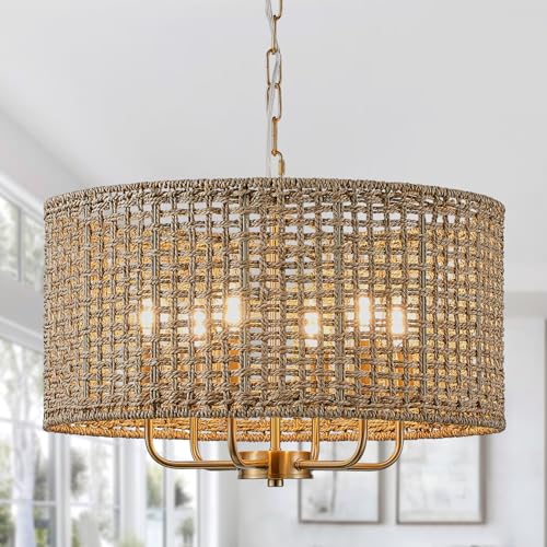 20" Rattan Hand-Woven Boho Chandelier for Dining Room, 6-Light Rattan Drum Wicker Farmhouse Large Vintage Chandelier Pendant Light Fixture for Kitchen Island Entryway(Gold) - color: Gold 6-Light 20" Drum