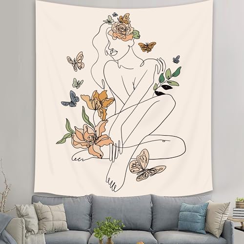 SVBright Abstract Woman Fabric Wall Hanging Tapestry 51Wx59H Inch Simple Modern Butterfly Flower Leaves Minimalist Art Line Plant Aesthetic Portrait Sketch Home Decor Art for Living Room Bedroom Dorm - color: Modern Abstract Woman, size: 59"L x 51"W