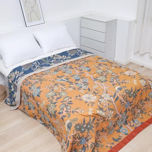 Snycler Boho Throw Blanket for Bed - 100% Cotton Ultra Soft Rustic Quilt Blanket Orange Bird Floral Printed Farmhouse Decor Bed Blankets, 80"×90" All Season Rustic Throw for Sofa Couch Chair - color: Orange Bird Floral, size: 80"x90"