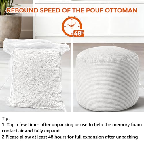 26" x 26" x 18" Pouf Ottoman Foot Rest, Pre-Stuffed Round Foot Stool with Odorless Shredded Memory Foam, Furry & Fluffy Corduroy Footrest for Living Room, Grey - color: Grey, size: 26"D x 26"W x 18"H