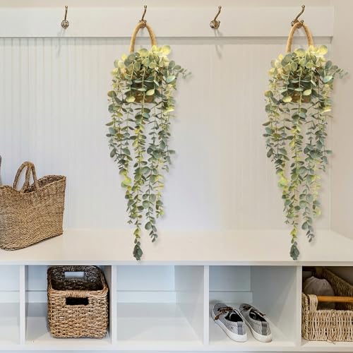 Fake Hanging Plant Decor Indoor, Eucalyptus Artificial Faux Plants in Wall Woven Planters, Jute Hanger with Black Pot Soft Green 2PCS 23Inch Long - size: Jute Hanger-2PCS