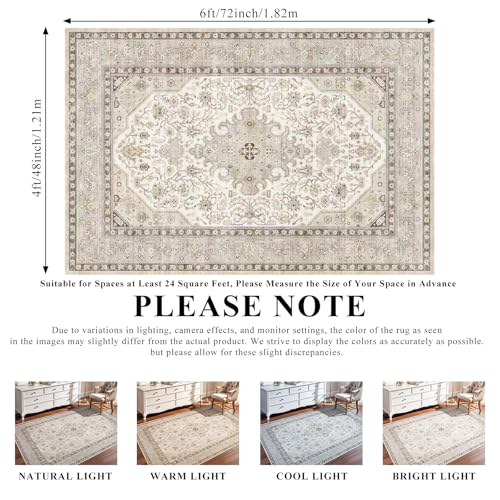 4x6 Rug Washable for Entryway: Oriental Runner for Bedroom - Ultra Thin Low Pile Stain Resistant Carpet - Home Decor for Vintage Style Lover - 4x6 Ivory - color: Ivory, size: 4x6