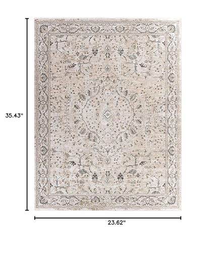Hauteloom Claridge Living Room, Bedroom Area Rug - Medallion Floral Border Distressed Faded - Traditional Oriental Transitional Oushak Turkish - Gray, Taupe, Beige, Cream, Brown - 2' x 2'11" - color: Gray, Taupe, Beige / Laughlin, size: 1'11" x 2'11" (Rec