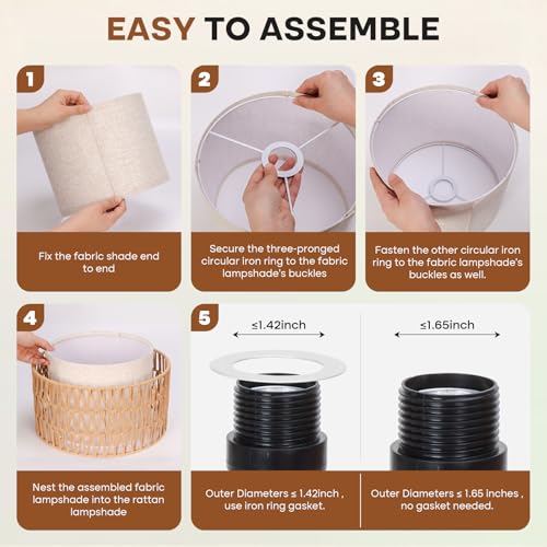 Boho Rattan Lamp Shade, 12.6" Top x 12.6" Bottom x 7.68" High, Natural Rattan & Linen Double Layer Lamp Shades for Floor Lamps Table Lamps Chandelier, UNO Fitter Lampshade Replacement, Easy Assembly