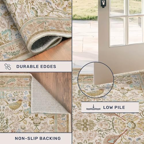 Hazo Haus Boho Long Bathroom Runner Rug 2x6 - Floral & Bird Runner Rug for Kitchen Floor, Hallway, Laundry Room, Bedroom, Entrance, Beige Neutral Vintage Decor, Washable Non Slip Low Pile - color: Beige, size: 2' x 6' (Runner)