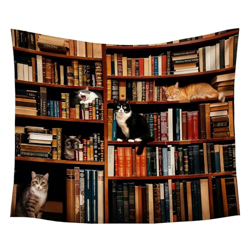gsgfdshf Vintage Cat Library Wall Tapestry, Cat Room Decor, Retro Bookshelf Cute Kitten Tapestry Wall Hanging for Bedroom Home Reading Nook Room Library Decor, 50x60 Inch - color: Landscape Text-Tapestry-G