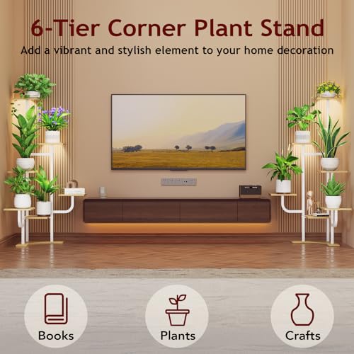 Homsorout Corner Plant Stand with Grow Light - 6 Tier Plant Stand Indoor Square Metal Plant Shelf with Adjustable Light, Plant Organizer for Living Room, Graden, Home Decor (Maple) - color: Maple & Square