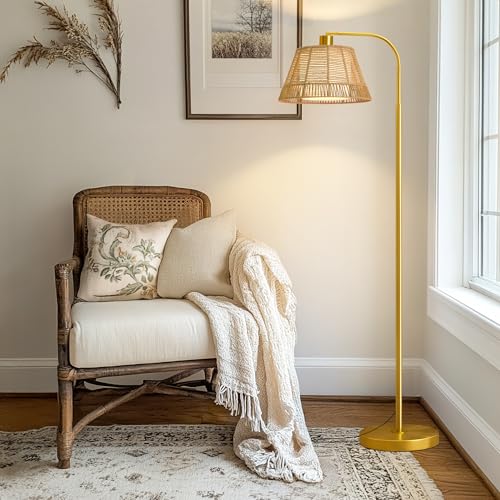Oneach Arc Floor Lamp for Living Room,Rattan Boho Floor Lamp with Hand-Woven Wicker & Fabric Shade, Foot Switch,Gold Metal Base & Pole,Farmhouse Standing Lamp for Bedroom Corner,Office,Reading - color: Gold