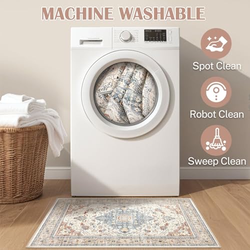 2x3 Rug Small Area Rugs: Washable Boho Neutral Vintage Soft Indoor Floor Oriental Carpet Farmhouse Distressed Low Pile Non Slip Throw Carpet for Kitchen Entryway Bedroom Nursery Entry- Beige Blue - color: Beige Blue, size: 2' x 3' (Rectangular)