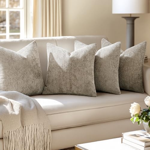 MIULEE Pack of 4 Couch Throw Pillow Covers 18x18 Inch Khaki Soft Decorative Chenille Pillow Covers Farmhouse Accent Cushion Covers for Boho Home Decor Sofa Bedroom Living Room - color: Khaki, size: 18" x 18" (Pack of 4)