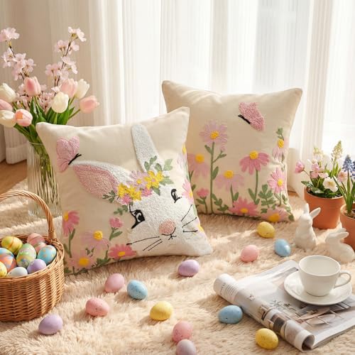 AVOIN colorlife Easter Spring Rabbit Floral Embroidered Throw Pillow Covers, 18 x 18 Inch Butterfly Flowers Tufted Patterned Linen Decoration Cushion Case for Sofa Couch Set of 2