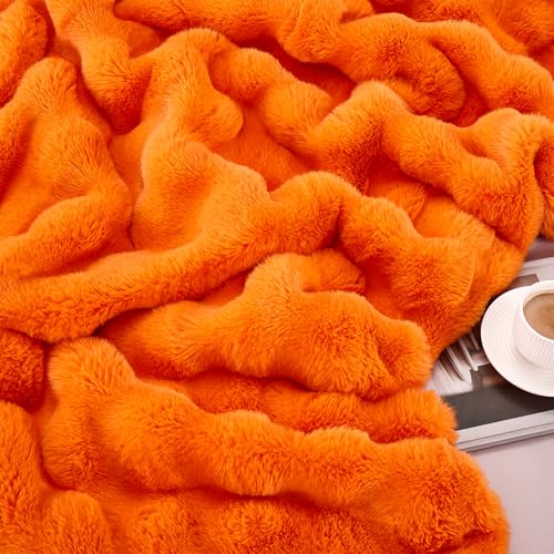 JONIYEAR Large Solid Fall Bubble Faux Rabbit Fur Bed Blanket Full Size 70" x 80", Decorative Puffy Big Warm Fuzzy Blanket for Winter,Extra Thick Shaggy Cozy Comfy Fluffy Blankets for Adult Kid, Orange - color: Orange - 900gsm, size: Full Size - 70" x 80"