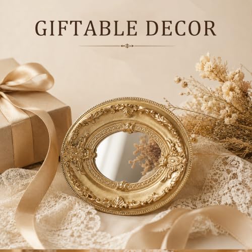 Golden Mini Vintage Mirror with Exquisite Relief Elegant Wall Decor for Bedroom Dresser Table Compact Resin Retro Design (Golden Oval, 4.7 X5.5) - color: Golden Oval