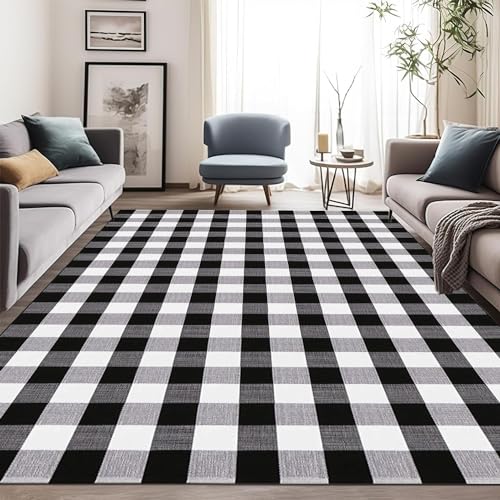 Buffalo Plaid Rug 5.5'x7.5'Black and White Area Rug,Washable Cotton Woven Indoor/Outdoor Rug for Farmhouse/Dining Room/Bedroom/Living Room Rug Retro Lattice Checkered Carpet - size: 5.5'x 7.5'