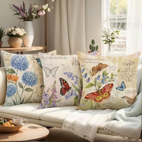wyooxoo Farmhouse Pillow Covers 20x20 Set of 4 Spring Summer Throw Pillow Covers Linen Flower Butterfly Bird Decorative Pillowcases for Sofa Couch Living Room Outdoor - color: Color C, size: 20" x 20" (Pack of 4)