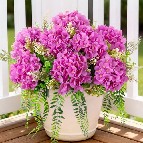 Ammyoo 8 Pcs Artificial Hydrangea Flowers Silk Purple Fake Flower with Eucalyptus for Outdoor Decorations UV Resistant Realistic Faux Plants for Garden Porch Window Box Indoor Table Decor - color: Purple