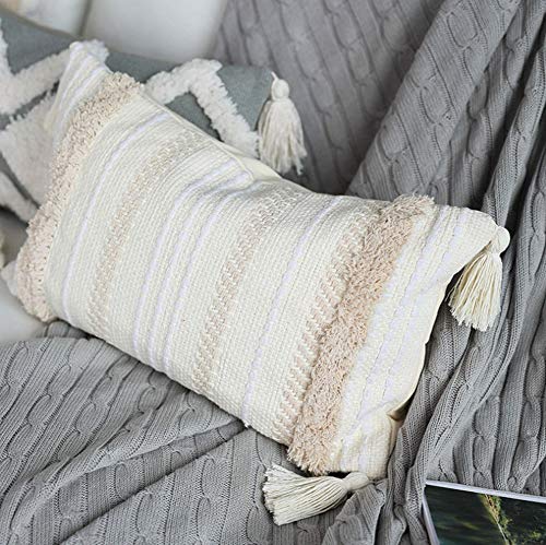 Decorative Lumbar Throw Pillow Covers for Sofa Couch Bedroom Living Room, Rectangle Pillow Sham with Tufted Tassels Bohemian Style Lumbar Pillowcases for Home Decoration, 12 x 20 Inch, Cream White - color: Cream White, size: 20" x 12" (Pack of 1)