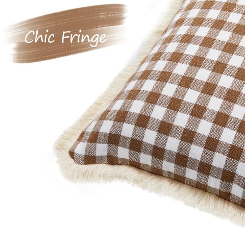 CARRIE HOME Farmhouse Brown Gingham Lumbar Pillow Covers 12x20 Set of 2, 12 x 20 Outdoor Khaki Checkered Plaid Lumbar Pillows for Patio Porch, Farmhouse Linen Throw Pillows with Ruffle Fringe - color: Lumbar Khaki & White (With Tassels), size: 20" x 12" (