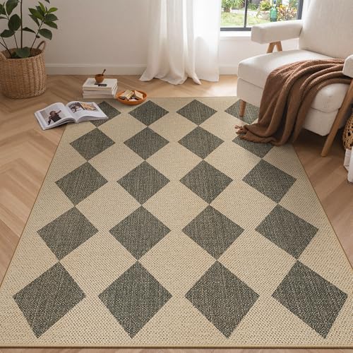Bavni Checkered Easy Jute Rug,5x7 Area Rug Machine Washable Non Slip Woven Plaid Carpet, Geometric Diamond Non Shedding Low Pile Modern Farmhouse Floor Mat for Living Room, Bedroom, Dining Room - color: Checkered-1, size: 5X7